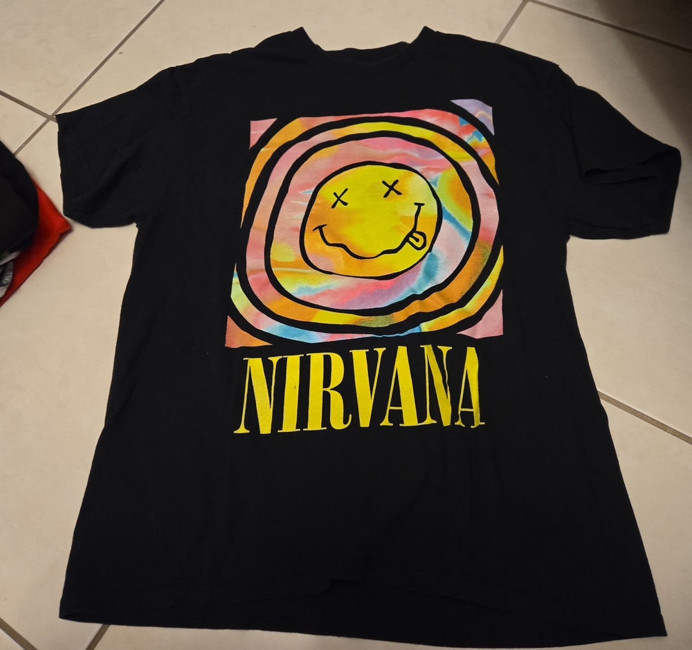 NIRVANA Black Tee with Multicolor Tie-Dye Smiley